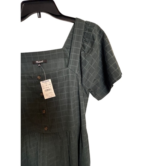 Madewell NI639 Windowpane Puff Sleeve Midi Dress Dark Green XS NEW - Picture 7 of 15